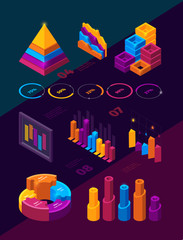 Canvas Print - Futuristic business charts. Isometric infographic analysis symbols holographic neon style panels bars and graphs vector ui ellements. Business chart isometric, futuristic graph illustration