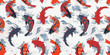 Red and orange koi carps Japanese gray seamless pattern
