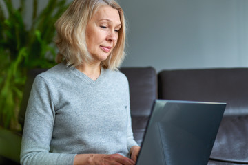 Wall Mural - Woman on a sofa at home concentrating as she works on a laptop.