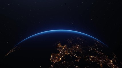Wall Mural - 4k beautiful sunrise world skyline. planet earth from space. planet earth rotating animation. clip c