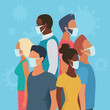 © lembergvector - People group in masks in circle flat virus character concept vector illustration. Multiracial men, women in casual clothes on blue background stand back to back to defend each other from danger.