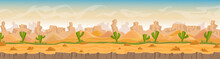 Sandy And Stony Hot Desert Landscape Cartoon Vector Illustration Background Banner. Panorama Wild Waterless Nature In Orange Colors. Green Cactuses, Stones, Sand Dunes And High Mountains Game Style