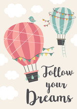 Poster With Two Hot Air Balloons Flying In The Sky
  - Vector Illustration, Eps    
