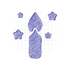 Wall Mural - Magic candle with stars. Simple icon of birthday. Hand drawn sketched picture with scribble fill. Blue ink. Doodle on white background