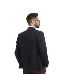 Sticker - Young businessman in suit on white background