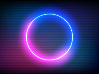 Wall Mural - Neon retro circle with VHS effect. Glitch round frame on color backdrop. Futuristic glowing element. Pink and blue electric light for poster, banner or game. Vector illustration