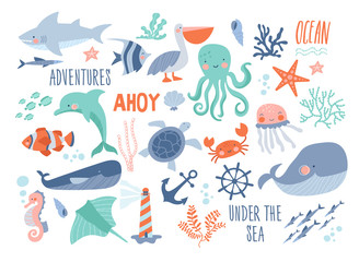 Sea background - cute sea and ocean animals whale, narwhal, ship, lighthouse, anchor, marine plants, wreaths and quotes.