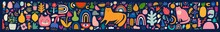 Cute Spring Pattern Collection With Cat. Decorative Abstract Horizontal Banner With Colorful Doodles. Hand-drawn Modern Illustrations With Cats, Flowers, Abstract Elements