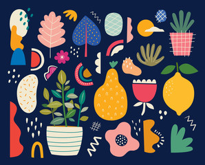 Wall Mural - Collection of colorful doodles with summer fruits lemon, pear, flowers and leaves