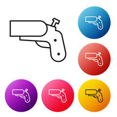 Poster - Black line Flare gun pistol signal sos icon isolated on white background. Emergency fire shoot target smoke. Orange 911 launcher. Set icons colorful circle buttons. Vector Illustration