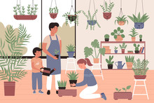 People Family Works With Plants In Public Or Private Orangery, Garden Flat Vector Illustration. Houseplants In Pots In Light Room, Greenhouse, Botanical Garden, Flowers Growing, Plant Nursery