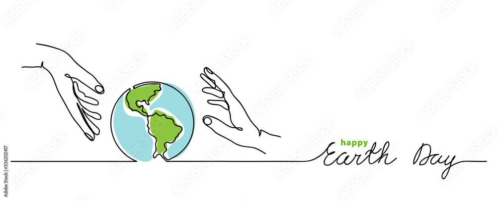 Happy earth day vector background. Simple planet and hands. Minimalist web banner, earth day vector illustration. One continuous line drawing - obrazy, fototapety, plakaty 