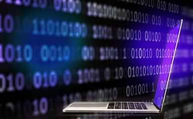 Wall Mural - information technology computer overload, binary data number coming out of computer laptop screen on