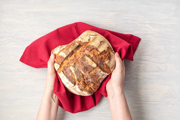 Wall Mural - Fresh organic home made bread. Healthy eating, buy local, bread recipes concept. Top view