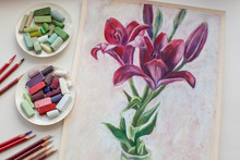 Red Lilies Drawing With Soft Pastel Chalks And Pencils