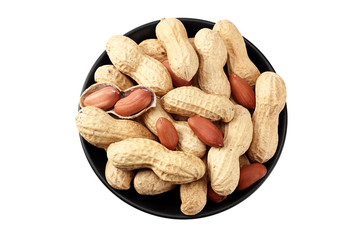 Wall Mural - Dried peanuts in a black plate isolated on white background. Food. top view