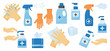 © Sylfida - Disinfection. Hand hygiene. Set of hand sanitizer bottles, face medical mask, washing gel, spray, wet wipes, liquid soap, rubber gloves, napkins. Vector illustration