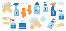 Disinfection. Hand Hygiene. Set Of Hand Sanitizer Bottles, Face Medical Mask, Washing Gel, Spray, Wet Wipes, Liquid Soap, Rubber Gloves, Napkins. Vector Illustration