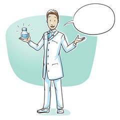 Wall Mural - Scientist or pharmacist presenting medicine bottle with speech bubble. Concept for medical product recommendation. Hand drawn cartoon sketch vector illustration 