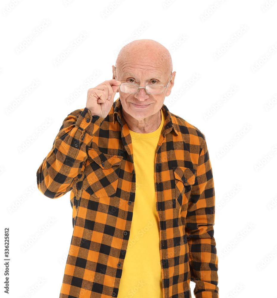 Portrait of elderly man on white background