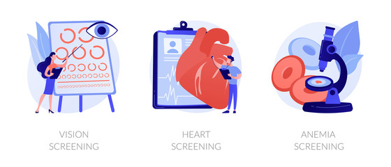 Sticker - Health condition diagnostics. Laboratory blood analysis. Medical lab testing. Vision screening, hearing screening, anemia screening metaphors. Vector isolated concept metaphor illustrations.