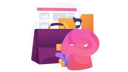 Portfolio management. Previous projects samples, works catalog, skills presentation. Successful graphic designer, web developer cartoon character. 4K seamless loop video animation footage.