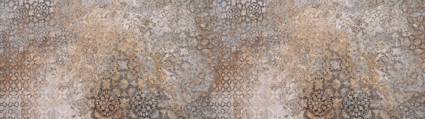 Old brown gray vintage shabby patchwork motif tiles stone concrete cement wall texture background banner	
