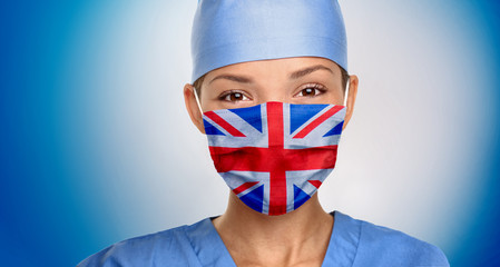 UK flag on british doctor woman wearing medical mask on blue background. United Kingdom flag print graphic design banner.