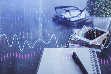 Double exposure of forex chart drawing and cell phone background. Concept of financial trading