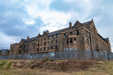 The Remains Of The Abandoned Hartwood Hospital, A 19th Century Psychiatric Hospital With Imposing Twin Clock Towers Located In Scotland. Recent Filming Location For The New Batman Movie 