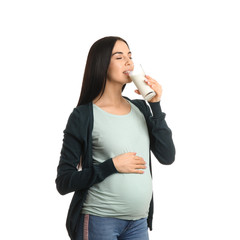 Canvas Print - Beautiful pregnant woman with milk on white background