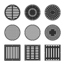 A Set Of Vector Sewer Caps And Grids Isolated On A White Background. Can Represent Sewage, Maintenance, City Services, Sanitation, A Manhole Cover, Drain, A Restroom.