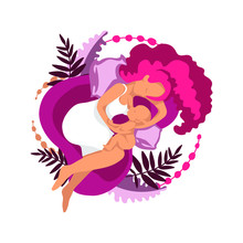 Newborn Breastfeeding Woman, Mom With Infant Surrounded By Exotic Leaves, Flat Style Illustration In A Limited Color Palette. For Use In Printing Or Web Design. Vector Illustration