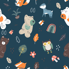 Wall Mural - Kids baby pattern of bear, deer,owl and fox in the dark backdrop