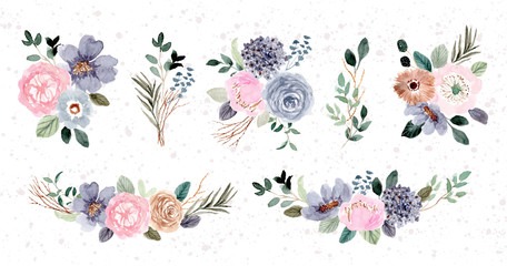 blue pink floral arrangement watercolor collection