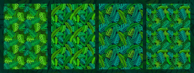 4 tropical seamless natural patterns of exotic leaves.