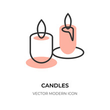 Candle Flat Line Icon. Logo Contour Closeup Two Candles, Wax Fire Sign. Simple Shape Border. Trendy Relax, Study, Candlelight. Symbol Christmas Holiday, Birthday, Memorial Isolated Vector Illustration