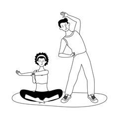 Poster - young couple athletes practicing exercise characters