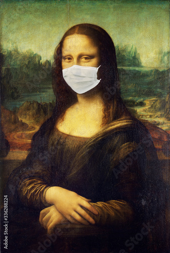 Fotomural Mona Lisa wearing face medical mask Antivirus concept