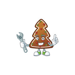 Poster - A mechanic gingerbread tree mascot character fix a broken machine