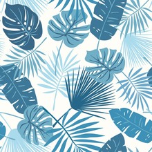 Tropical Seamless Repeat Pattern With Tonal Blue Green Teal Leaves Of Different Shapes On A Soft Ivory Cream Vanilla Background
