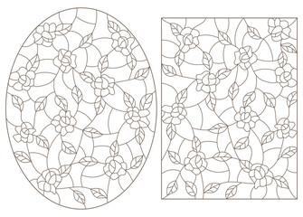 Wall Mural - Set contour illustrations in the stained glass style, abstract flowers of roses , dark outline on a white background