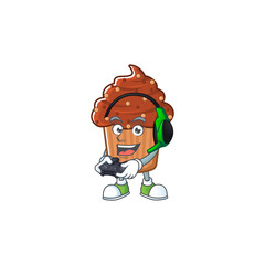 Sticker - A cartoon design of chocolate cupcake talented gamer play with headphone and controller