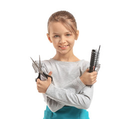 Cute little hairdresser on white background