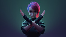 Portrait Of Young Beautiful Cyberpunk Girl With Short Pink Hair In Leather Jacket, Gloves Making X Sign With Crossed Hands, Gesturing Stop, Warning Of Danger. 3d Illustration On Green-purple Backdrop