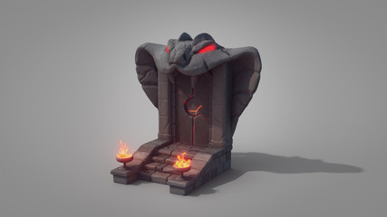 Wall Mural - Above the gate is a stone sculpture of head of a cobra with glowing red eyes. Burning torches on the sides of the stairs. Game location. Concept art of medieval stone door with snake. 3d illustration