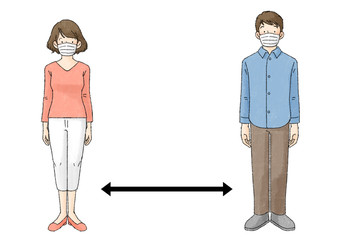 ソーシャルディスタンス（2人、マスク、直立）