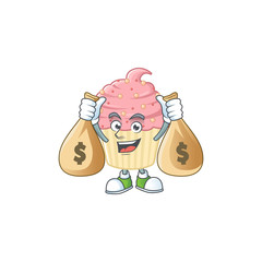 Sticker - Blissful rich strawberry cupcake cartoon character having money bags