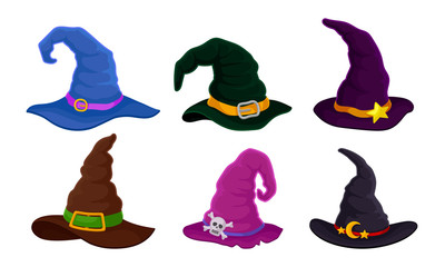 Wall Mural - Colorful Witch and Wizards Hat with Belt and Pointed Cap Vector Set