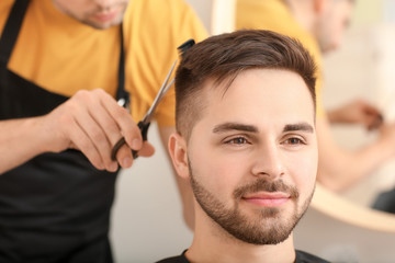 Poster - Male hairdresser working with client in salon